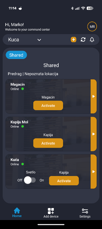 Pocetni ekran aplikacije sa listom Gate Controller uredjaja i dugmetom Activate