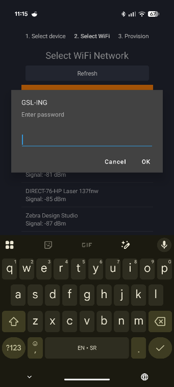 Ekran aplikacije za izbor WiFi mreze i unos lozinke prilikom dodavanja uredjaja